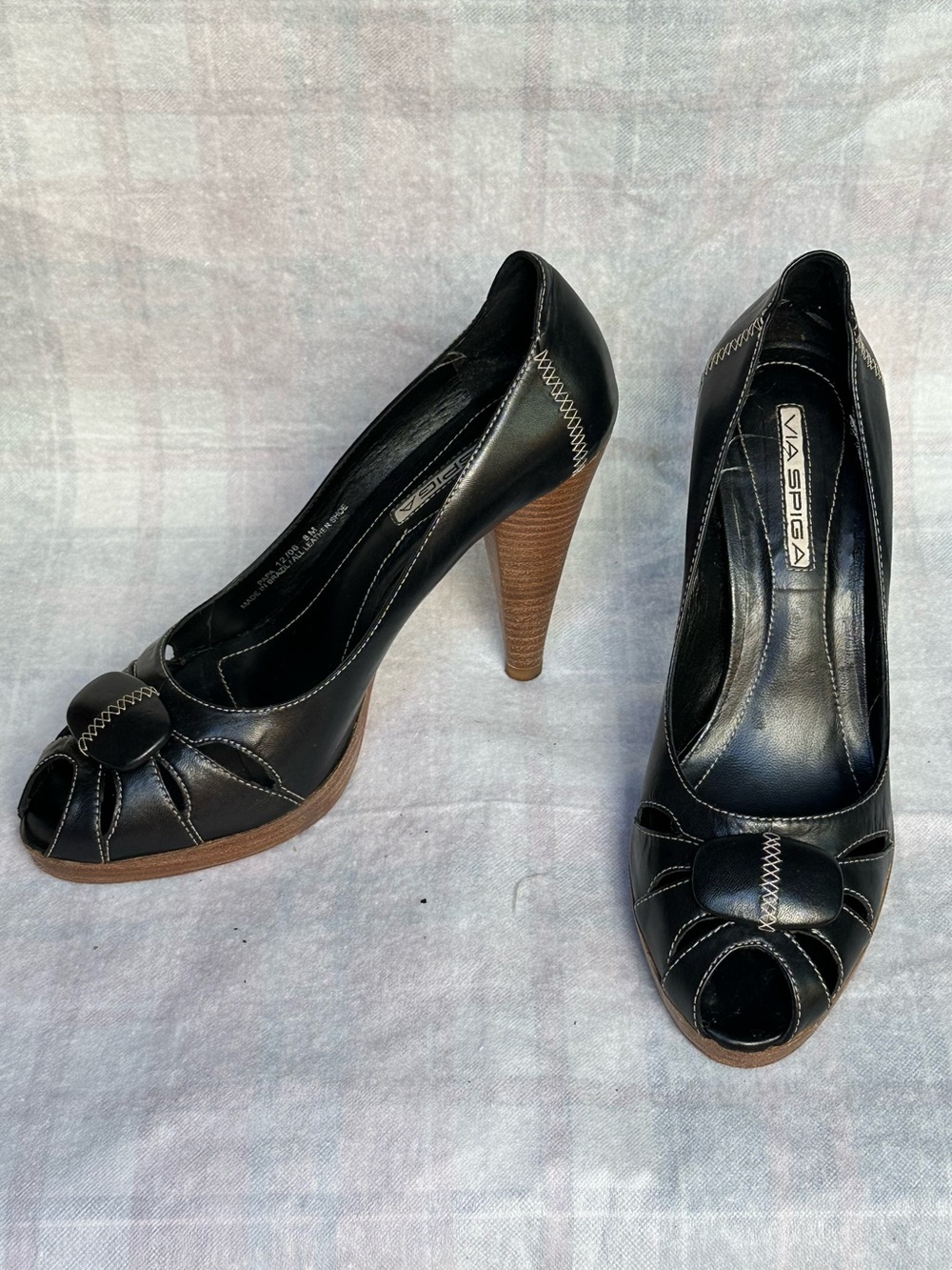 Via Spiga Black Peep-Toe Heels with Contrast Stitching